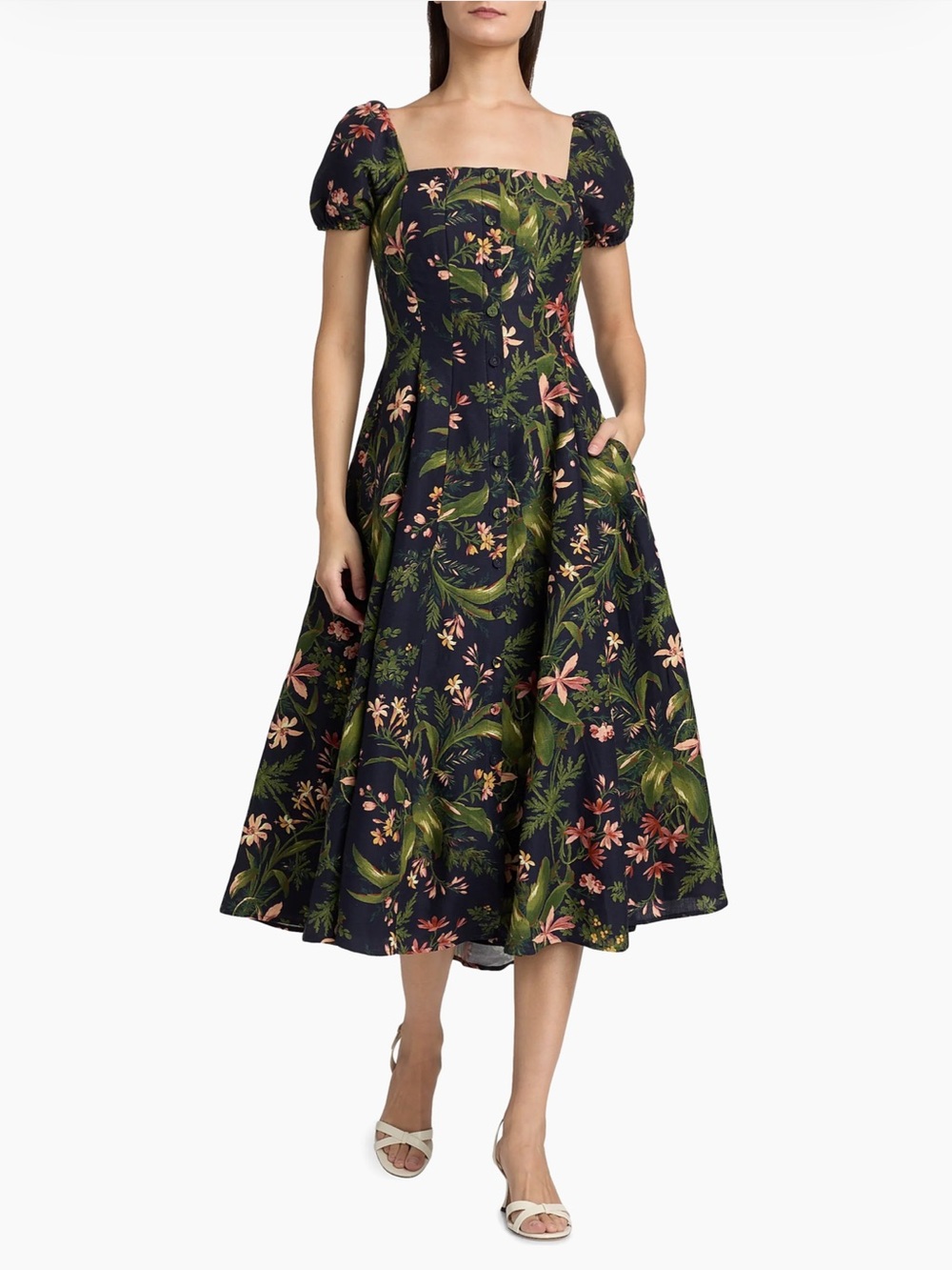 PAIGE Lindi Silk-Linen Square-neck  Midi-Dress size 6